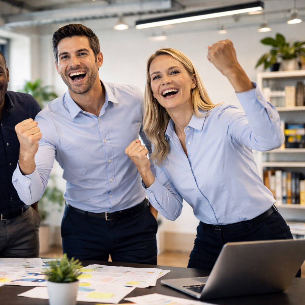 Équipe en entreprise célébrant un succès et l’amélioration des performances