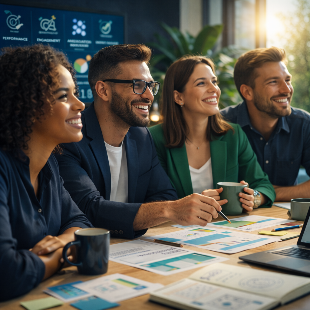 Équipe en entreprise célébrant une réussite collective et la performance